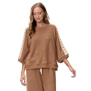 Polagram Camel Cable Knit Crochet Trim Wide Leg Pants and Top Set L BNWT